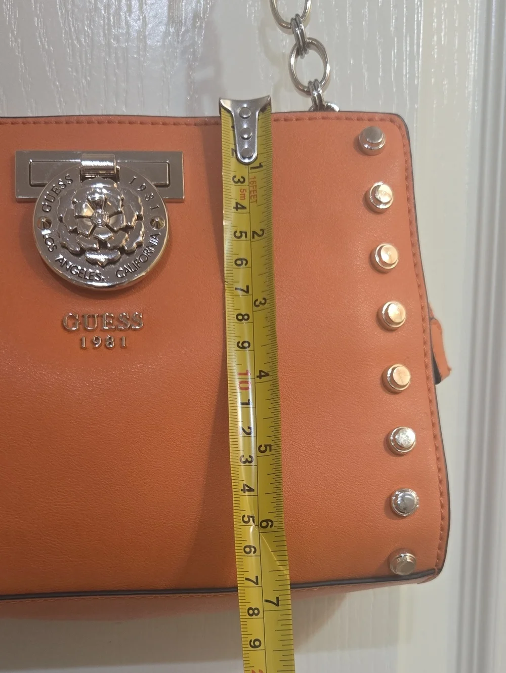 Guess 1981 Marlene Studded Top Zip Shoulder Bag Vibrant Orange GUC